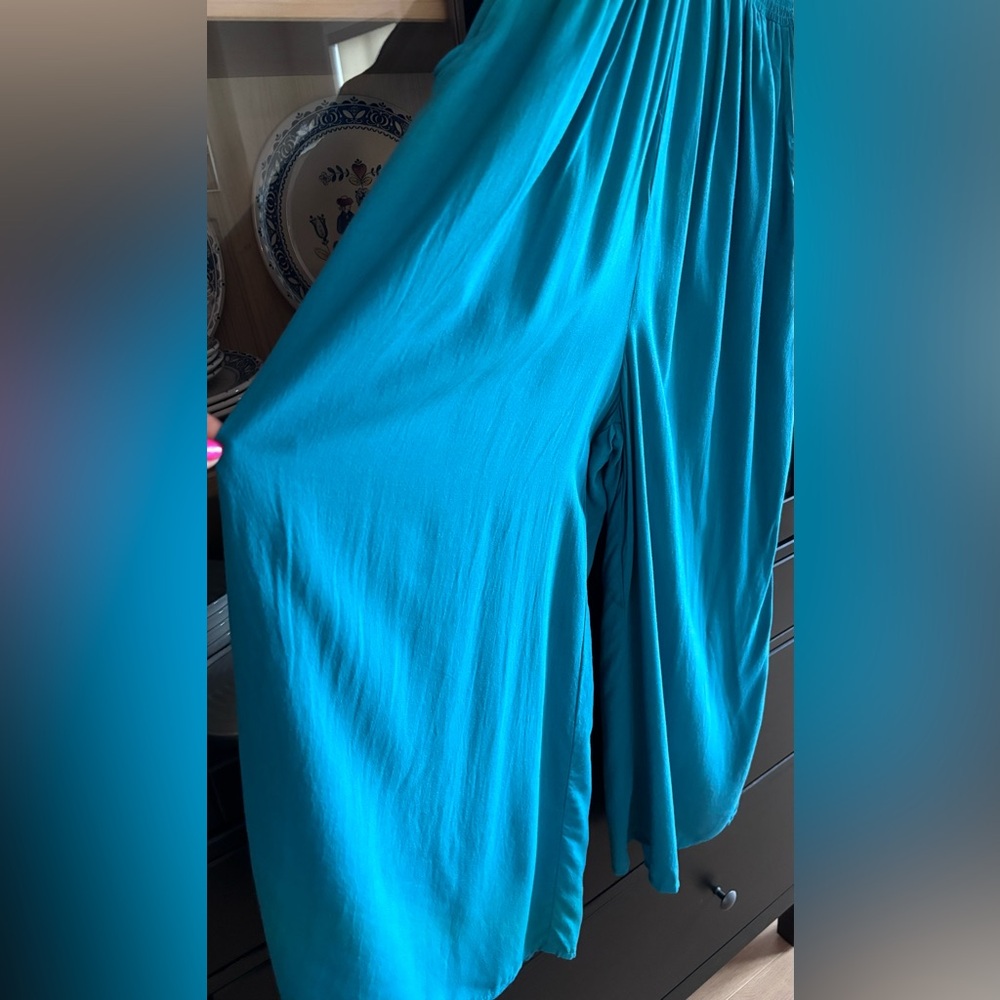Patrons of Peace Wide Leg Jumpsuit deep V Neck Smocked Pockets Teal Green - Picture 12 of 14